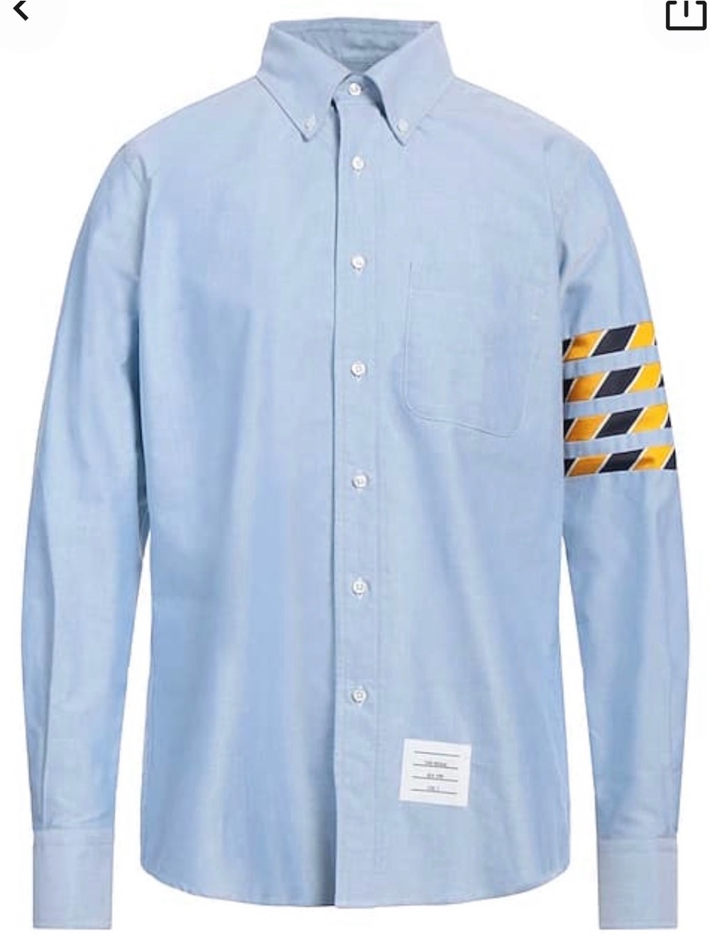 Thom Browne, Light Blue Button-Down Shirt with Arm Stripes. Size 5/xxl. Men.
